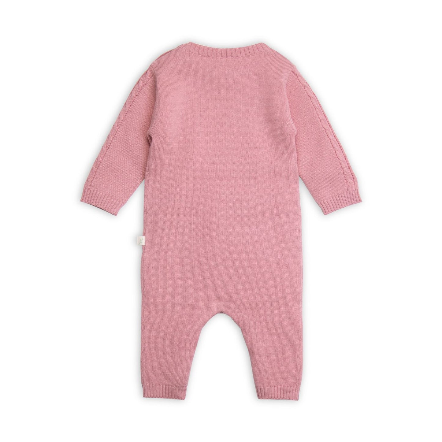 Organic Knit Growsuit with cable detail at front and Sleeves in Rose Pink. Perfect new baby gift or home coming outfit.