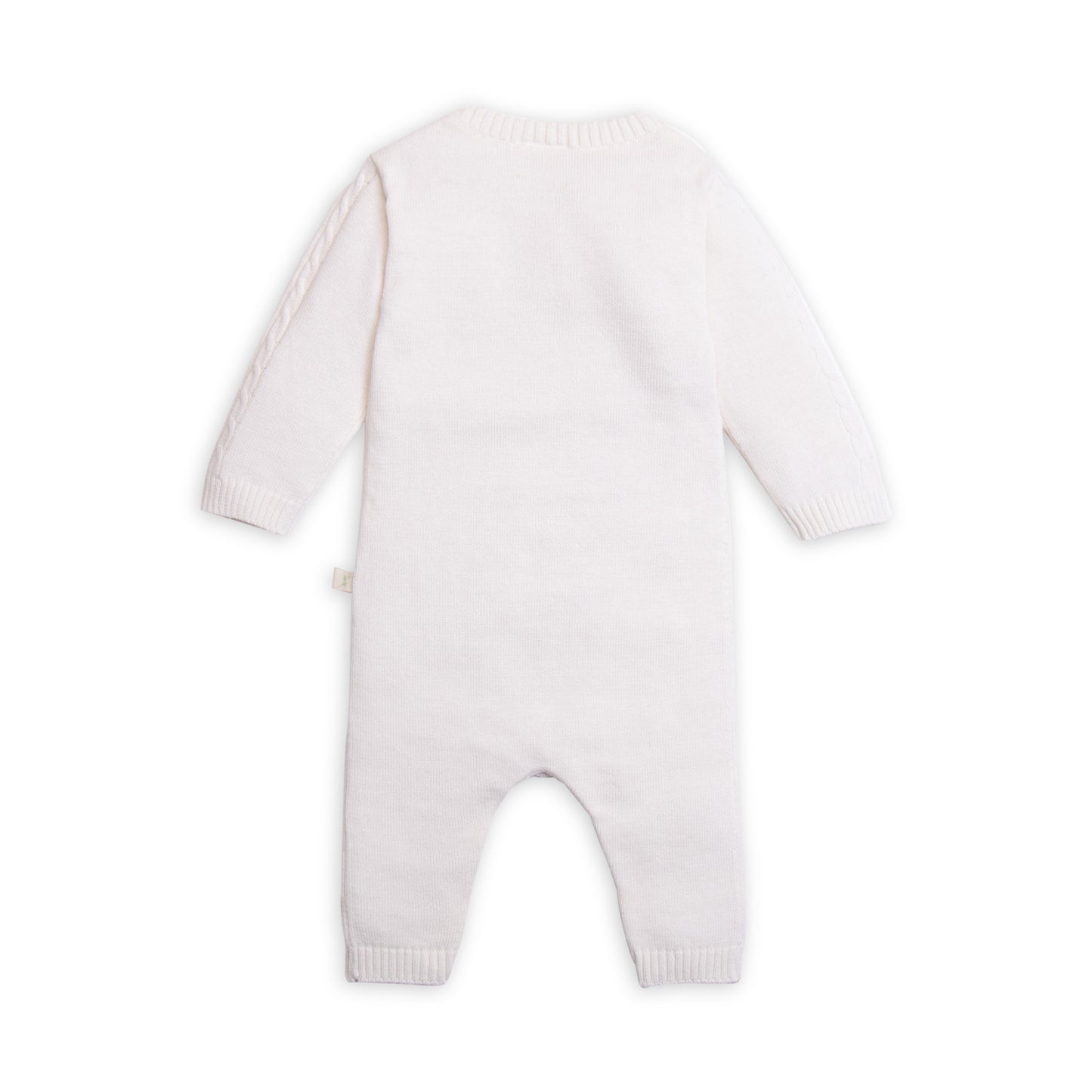 Organic Knit Growsuit with cable detail at front and Sleeves in Snow White. Perfect new baby gift or home coming outfit.