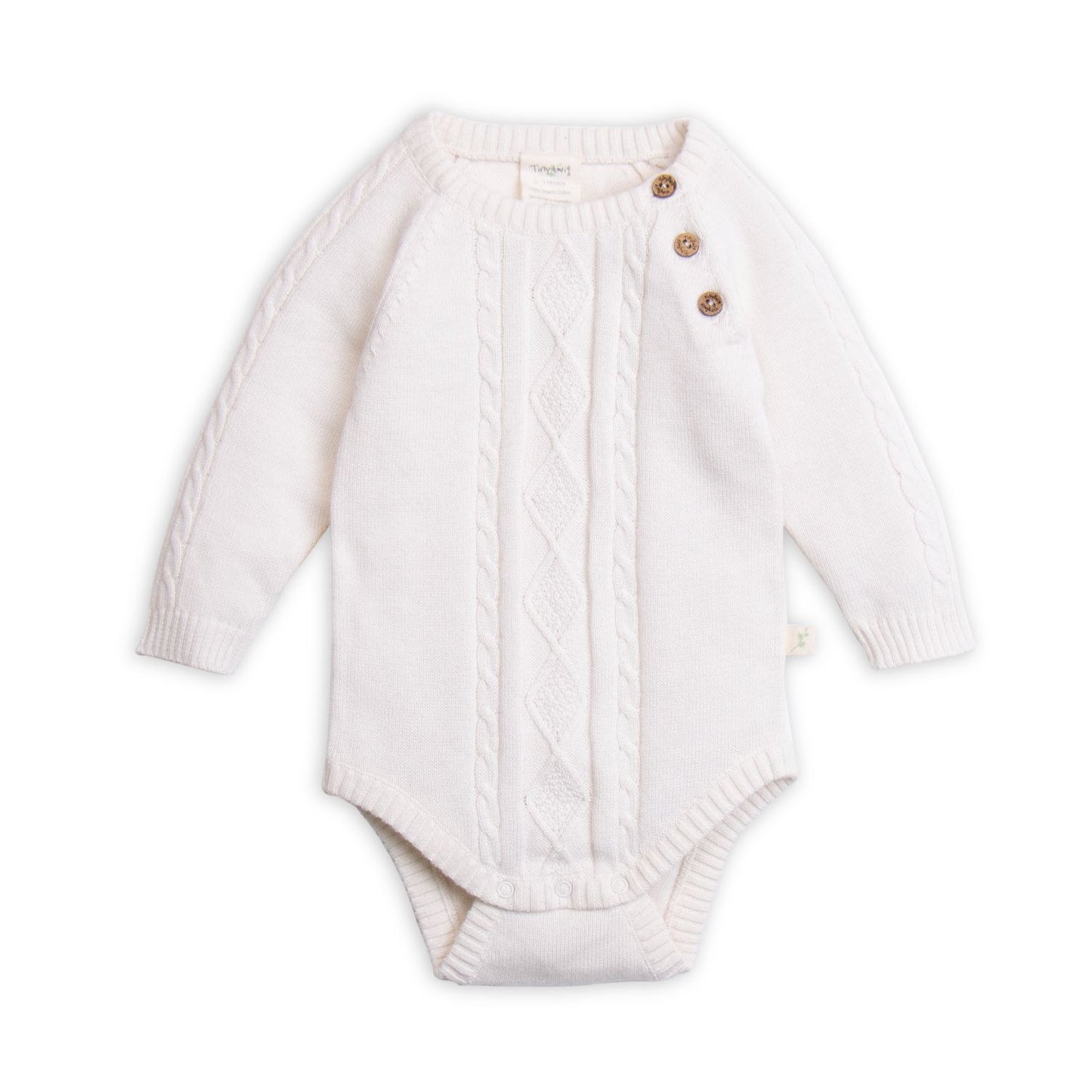 Organic cotton knit Bodysuit with cable detail at front . White suitable for all genders and perfect special occasion outfit.