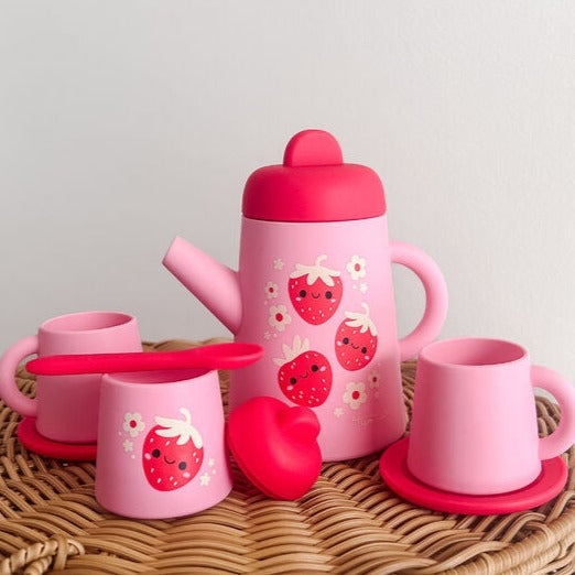 Strawberry tea set made from silicone for pretend tea parties