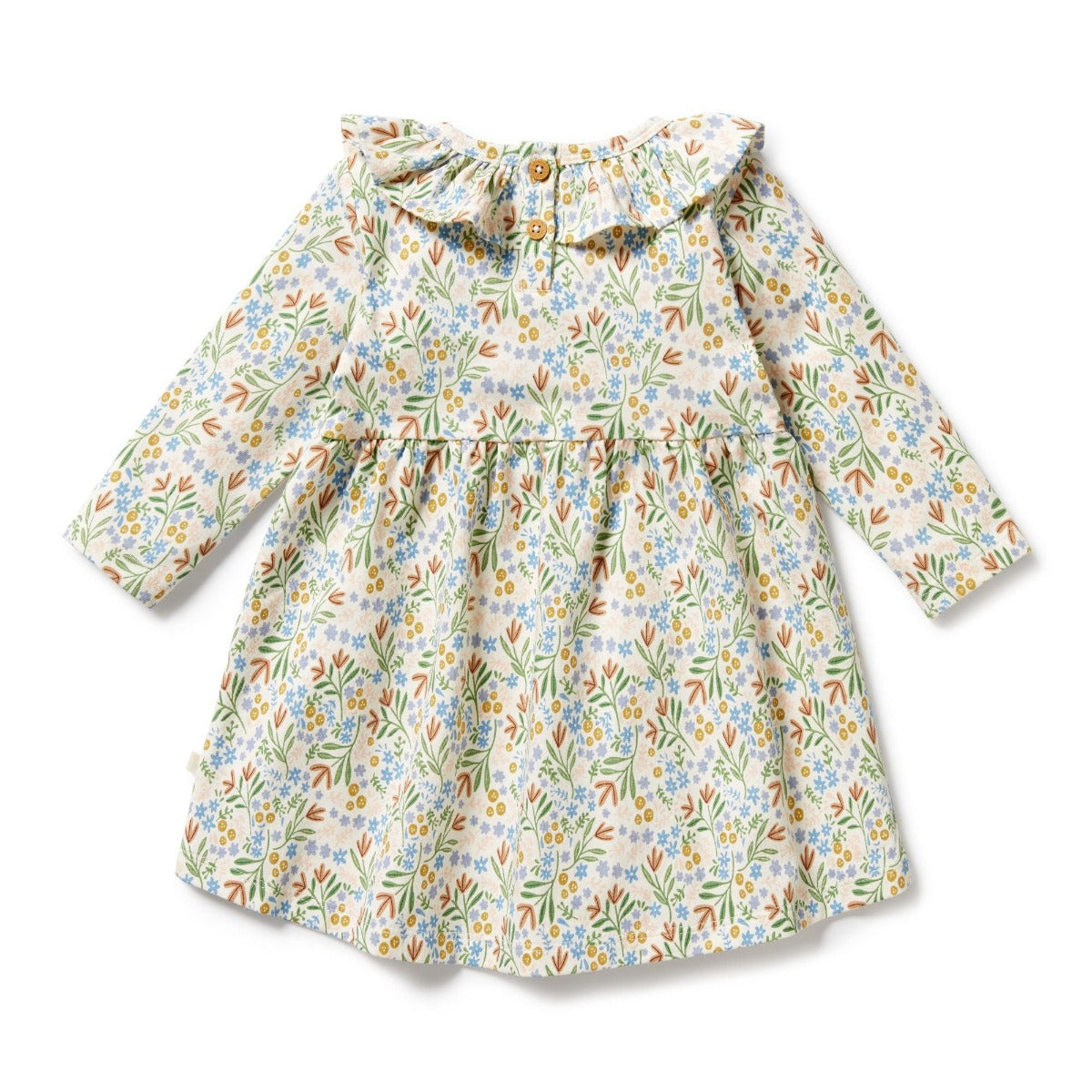 Ruffle long sleeved dress in organic cotton. Tinker floral with ruffle at neckline.