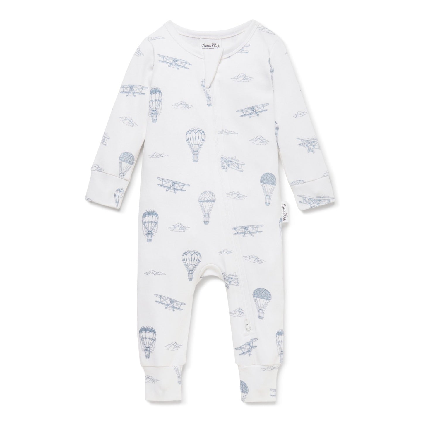Zip Romper organic cotton in a quirky hand drawn design of hot air balloons and planes . Blue design on white.
