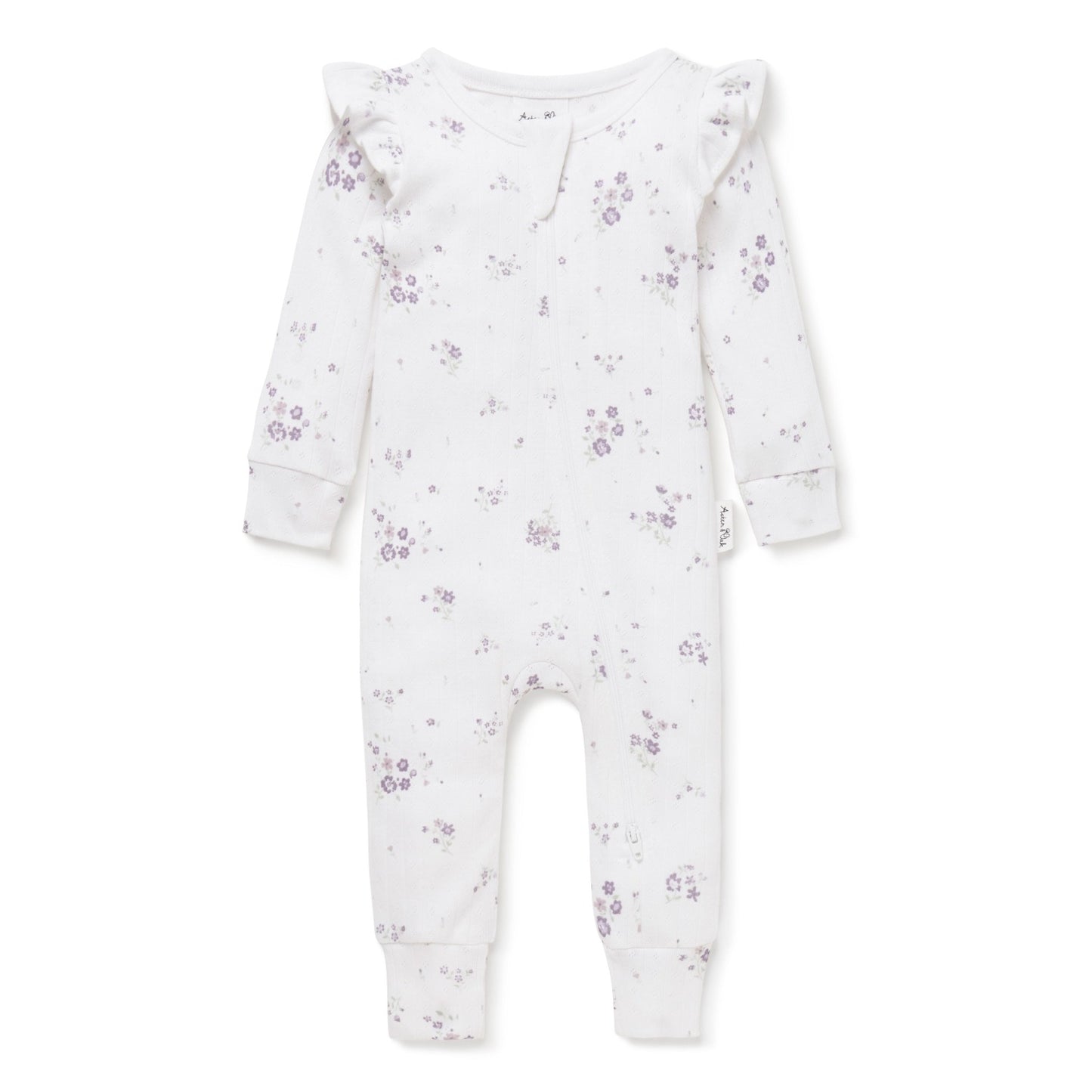 Organic Zip romper in a gorgeous lilac floral on white background.