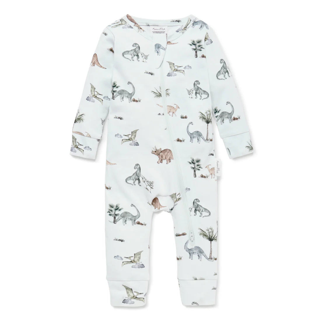 Baby romper in a delightful Dino design. Zip romper dinosaur's and palm trees on the softest sage green. Organic cotton perfect for baby's delicate skin.
