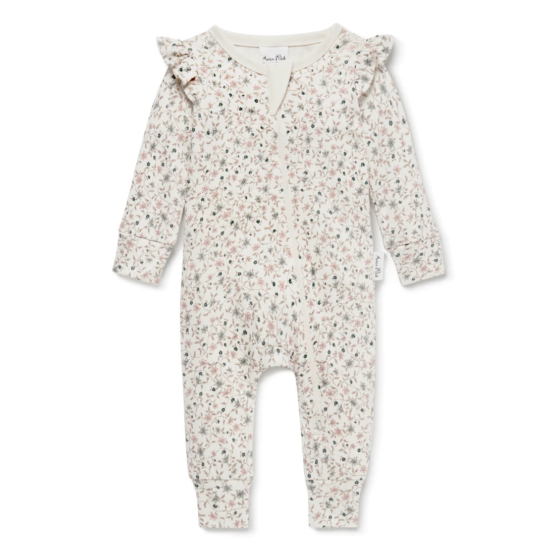 Baby zip romper in soft organic cotton. Delicate design wnter floral pretty tiny dusty pink and blue flowers.