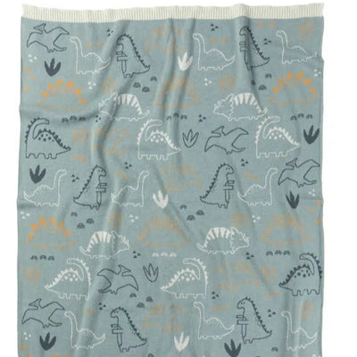 Baby blanket cotton in gorgeous blue tone covered in little dinosaurs