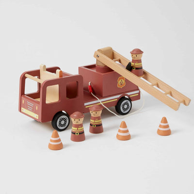 Wooden Fire Truck Toy with firemen ladder and hose.