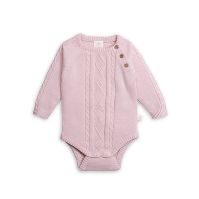 Organoc cotton bodysuit in gorgeous lotus soft knit , cable detail down front and button trim. 