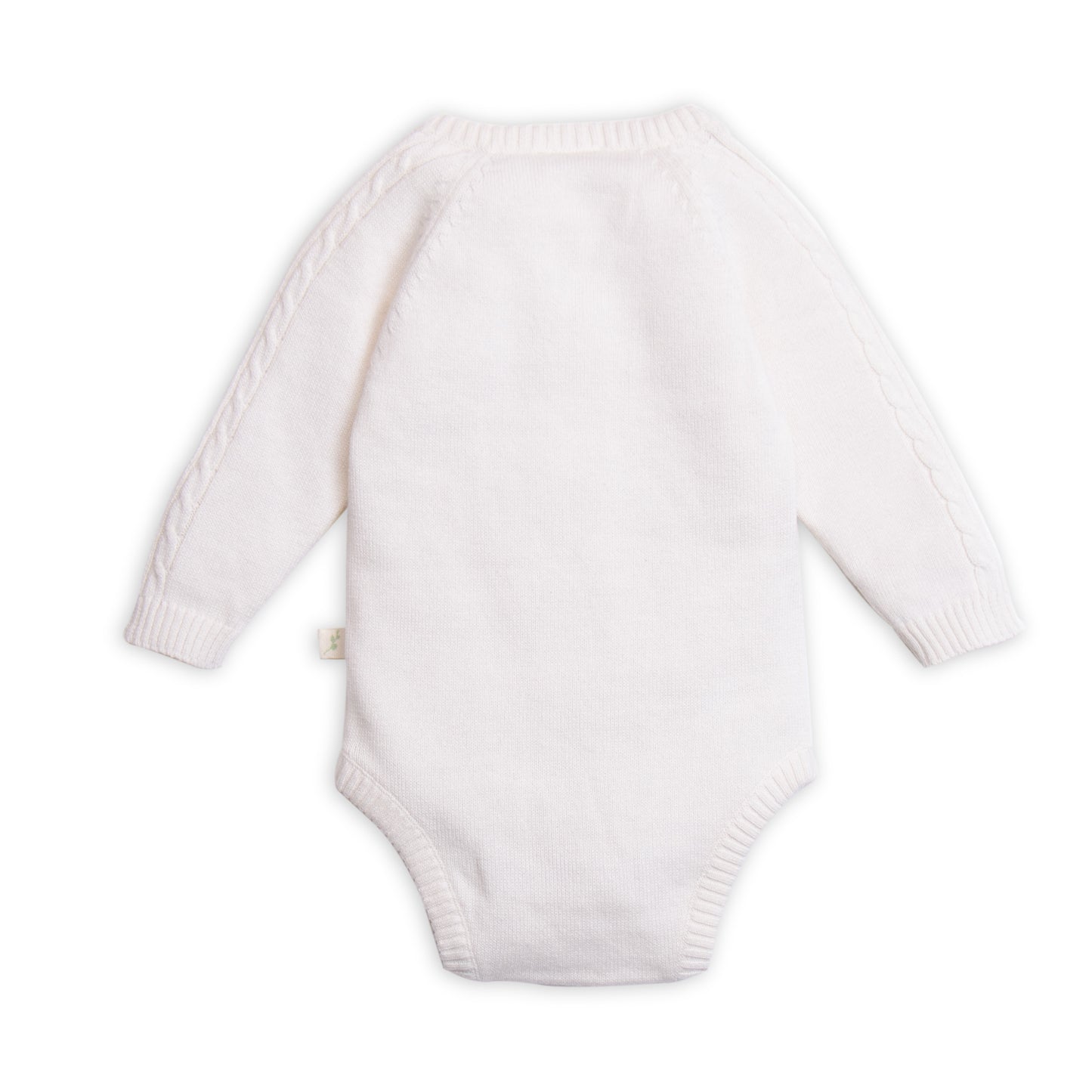 Organic cotton knit Bodysuit with cable detail at front . White suitable for all genders and perfect special occasion outfit.