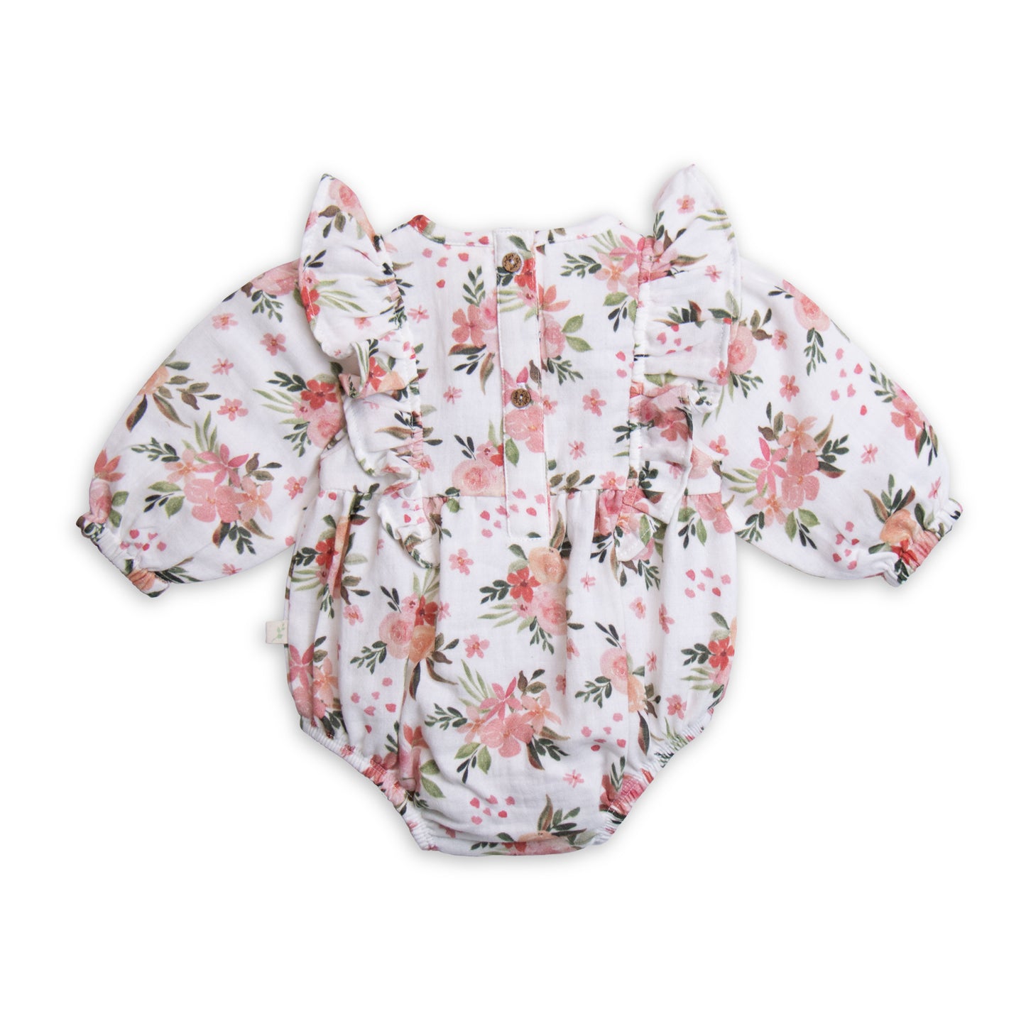 Organic bodysuit long sleeve with pretty ruffle. Winter bouquet floral in soft pinks.