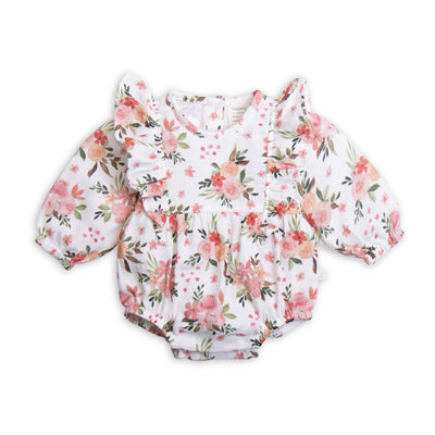 Organic bodysuit long sleeve with pretty ruffle. Winter bouquet floral in soft pinks.