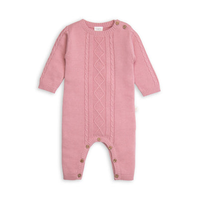 Organic Knit Growsuit with cable detail at front and Sleeves in Rose Pink. Perfect new baby gift or home coming outfit.