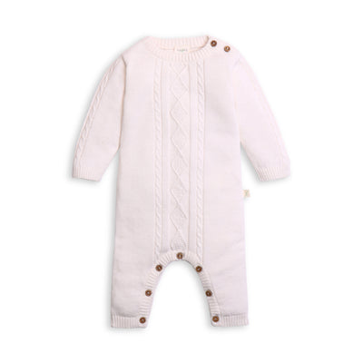 Organic Knit Growsuit with cable detail at front and Sleeves in Snow White. Perfect new baby gift or home coming outfit.