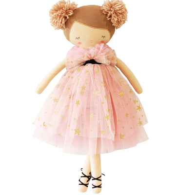 Halle Alimrose Ballerina Doll with gorgeous pompom buns pink and gold star skirt 