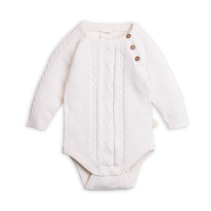 Organic cotton knit Bodysuit with cable detail at front . White  suitable for all genders and perfect special occasion outfit.