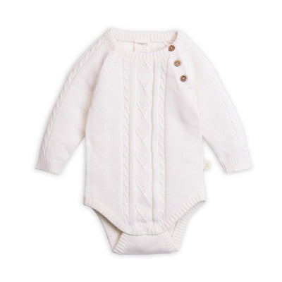 Organic cotton knit Bodysuit with cable detail at front . White  suitable for all genders and perfect special occasion outfit.