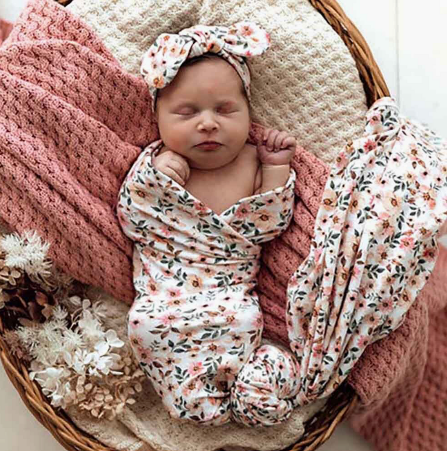 Baby Jersey Wrap and Topknot Set - Spring Floral