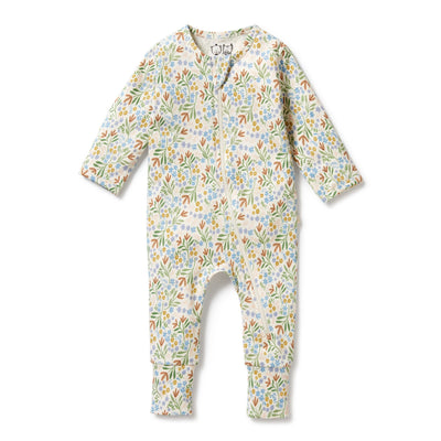 Organic cotton Zipsuit in a lovely floral of blues, greens and mustards. Wilson and Frenchy brand comes with matching PJ's for older siblings.