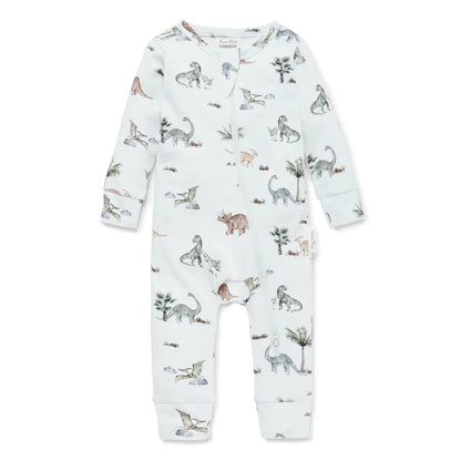 Baby romper in a delightful Dino design. Zip romper dinosaur's  and palm trees on the softest sage green. Organic cotton perfect for baby's delicate skin. 