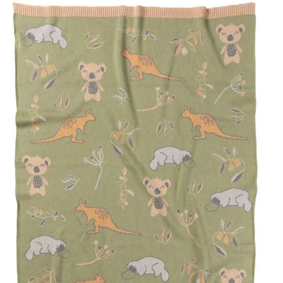 Cotton blanket with Australian wildlife on a soft green background.