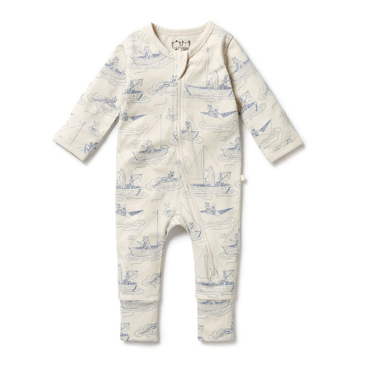 Organic cotton Zipsuit from Wilson & Frenchy in a cute sail Away design. Blue  sail boats on a off white background.