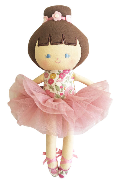 Baby Ballerina Doll with floral top pretty pink tulle skirt and brown hair.